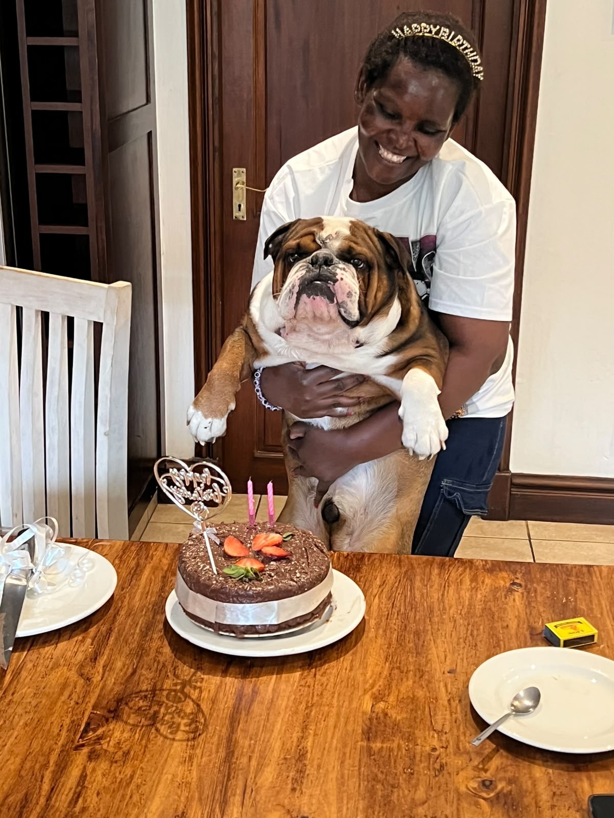 A birthday celebration with a cake and Kush held in someone's arms